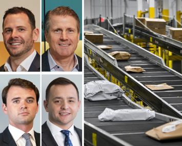 CBRE's Tom Rugg (clockwise from top left), Tom Traynor, Arman Samouk, and Mark Finan, and packages moving on a conveyor belt inside a distribution center.