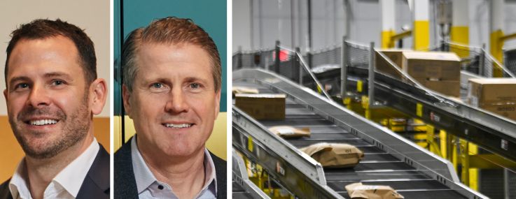 CBRE's Tom Rugg (clockwise from top left), Tom Traynor, Arman Samouk, and Mark Finan, and packages moving on a conveyor belt inside a distribution center.