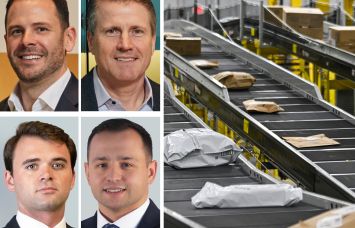 CBRE's Tom Rugg (clockwise from top left), Tom Traynor, Arman Samouk, and Mark Finan, and packages moving on a conveyor belt inside a distribution center.