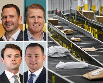 CBRE's Tom Rugg (clockwise from top left), Tom Traynor, Arman Samouk, and Mark Finan, and packages moving on a conveyor belt inside a distribution center.