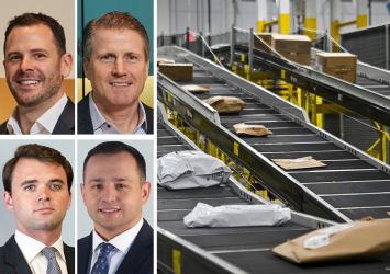 CBRE's Tom Rugg (clockwise from top left), Tom Traynor, Arman Samouk, and Mark Finan, and packages moving on a conveyor belt inside a distribution center.