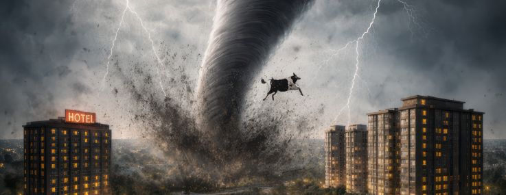 An illustration of a tornado on the horizon with a hotel, apartment building and data center nearby.