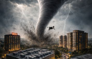 An illustration of a tornado on the horizon with a hotel, apartment building and data center nearby.