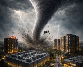 An illustration of a tornado on the horizon with a hotel, apartment building and data center nearby.