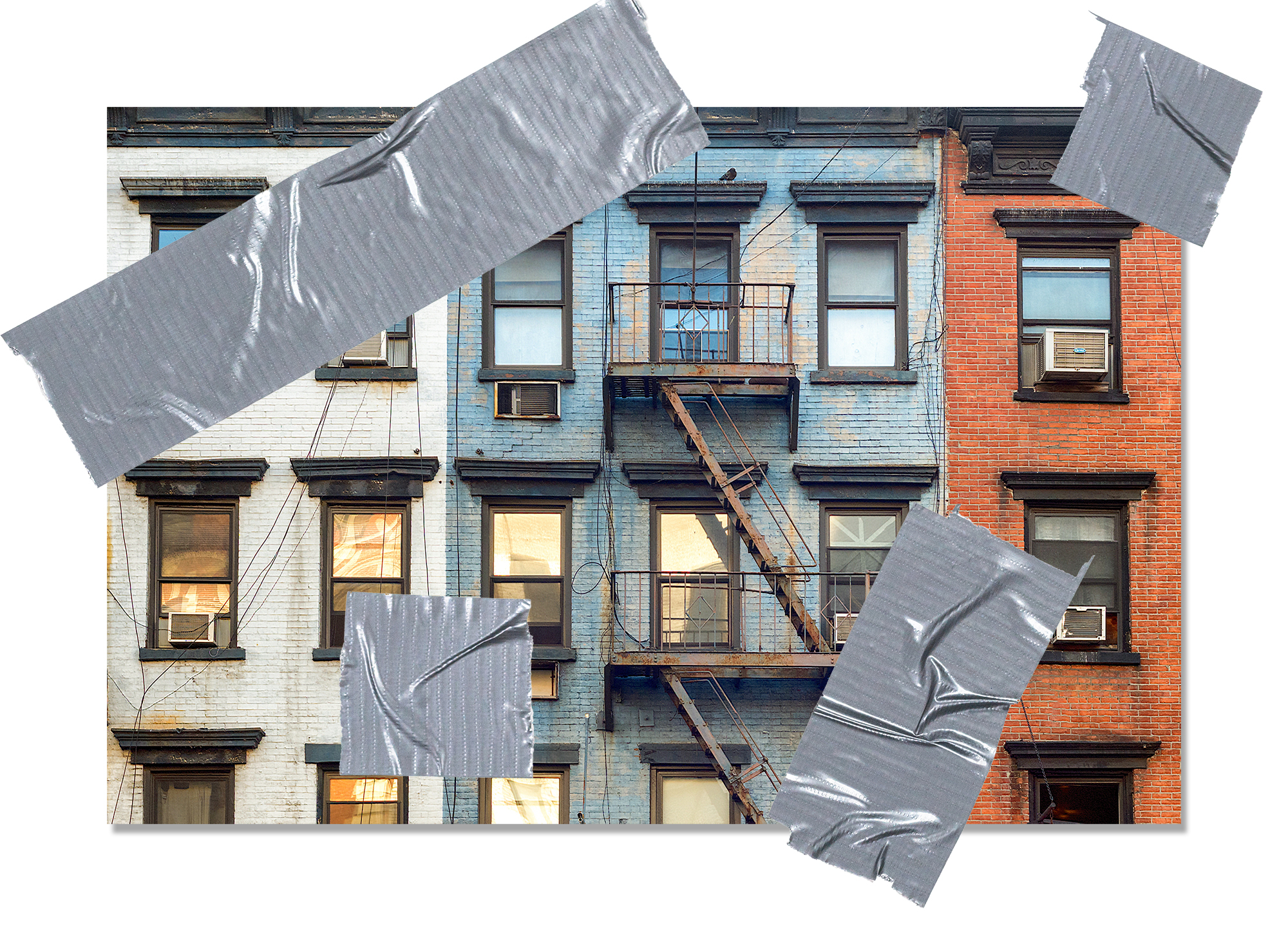 An illustration of duct tape holding together a row of apartment houses.