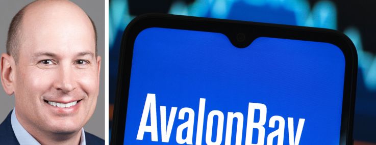 AvalonBay Communities's President and CEO Benjamin Schall and a mobile phone screen showing AvalonBay's logo.
