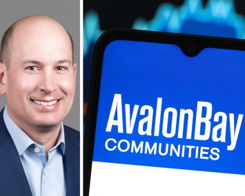 AvalonBay Communities's President and CEO Benjamin Schall and a mobile phone screen showing AvalonBay's logo.