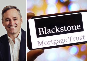 Blackstone Mortgage Trust CEO Tim Johnson and a mobile phone displaying the Blackstone Mortgage Trust logo.