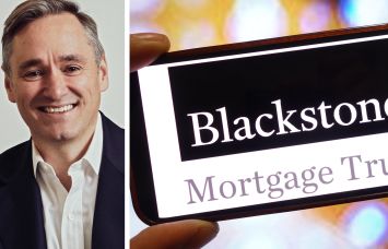 Blackstone Mortgage Trust CEO Tim Johnson and a mobile phone displaying the Blackstone Mortgage Trust logo.