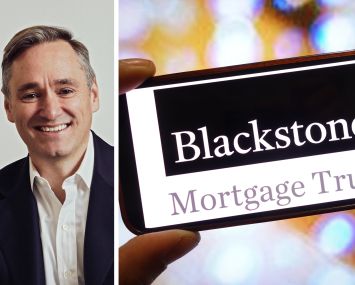 Blackstone Mortgage Trust CEO Tim Johnson and a mobile phone displaying the Blackstone Mortgage Trust logo.