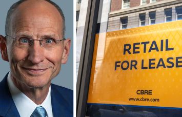 CBRE President and CEO Robert Sulentic and a CBRE sign advertising space for lease.