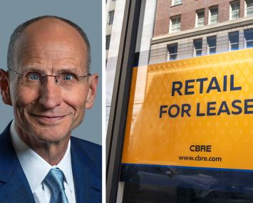 CBRE President and CEO Robert Sulentic and a CBRE sign advertising space for lease.