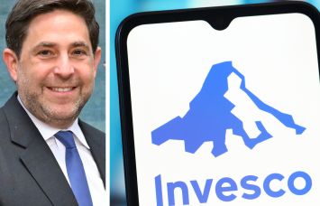 Invesco President and CEO Andrew Schlossberg and a mobile phone screen displaying the Invesco logo.