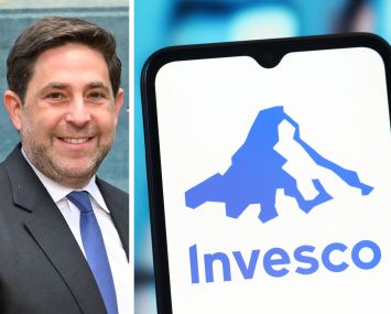 Invesco President and CEO Andrew Schlossberg and a mobile phone screen displaying the Invesco logo.