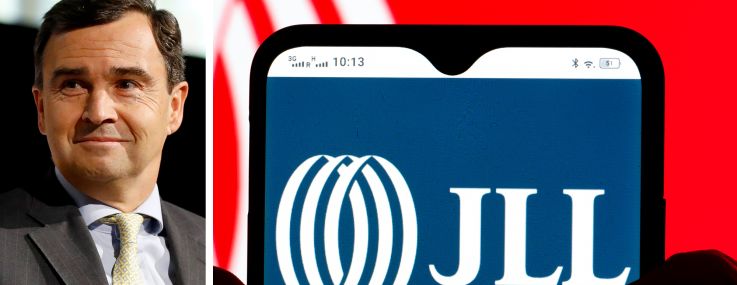 JLL President and CEO Christian Ulbrich and the JLL logo displayed on a mobile phone.