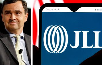 JLL President and CEO Christian Ulbrich and the JLL logo displayed on a mobile phone.
