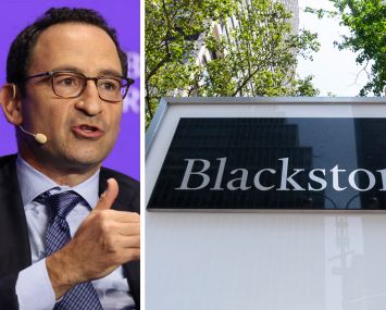 Blackstone President and Chief Operating Officer Jonathan Gray and a sign outside one of Blackstone's offices.