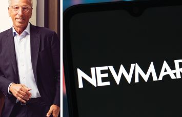 Newmark CEO Barry Gosin and a mobile phone displaying Newmark's logo.