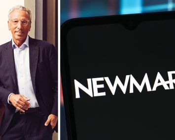 Newmark CEO Barry Gosin and a mobile phone displaying Newmark's logo.