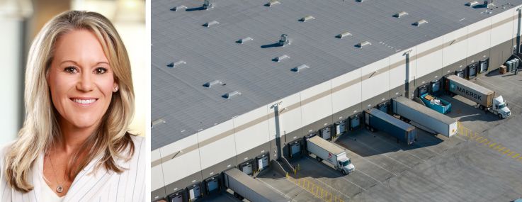 Rexford Industrial CEO Laura Clark and an aerial view of a distribution center.