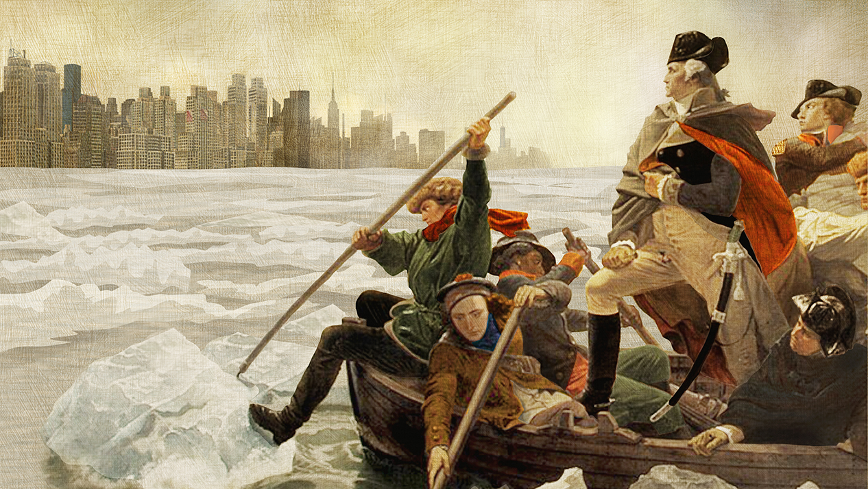 An illustration of George Washington crossing the Hudson looking at the modern New York City skyline.