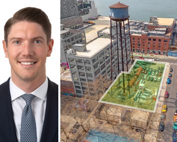Donal Flaherty and a rendering of 72 West Street in Brooklyn.