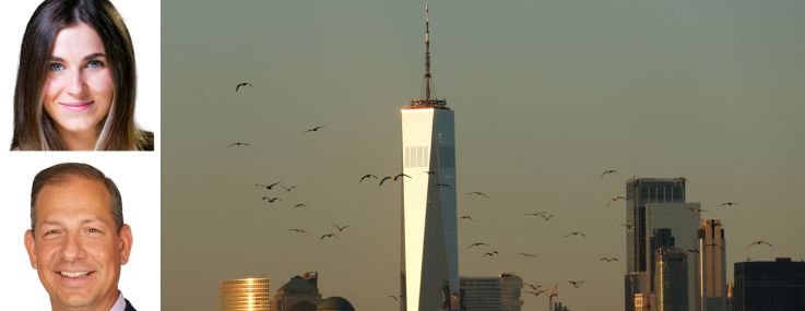 Avison Young's Alexis Odgers (top), Jason Schwartzberg (center) and Joseph Gervino, and 1 World Trade Center.