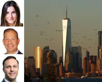 Avison Young's Alexis Odgers (top), Jason Schwartzberg (center) and Joseph Gervino, and 1 World Trade Center.