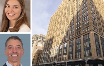 CBRE's Alice Fair (top) and Sacha Zarba, and 275 Seventh Avenue.
