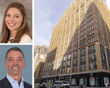 CBRE's Alice Fair (top) and Sacha Zarba, and 275 Seventh Avenue.