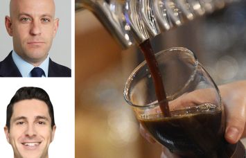 Newmark's Ariel Schuster (top) and Michael Paster, and bartender pouring a pint at a bar.