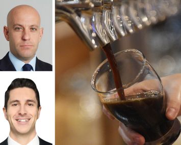 Newmark's Ariel Schuster (top) and Michael Paster, and bartender pouring a pint at a bar.