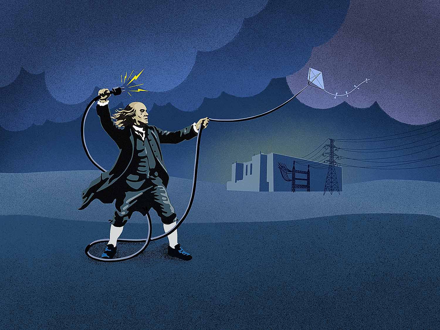An illustration of Ben Franklin flying a kite with a plug near a data center.