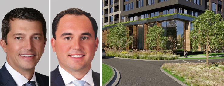 Berkadia's Brian Crivella (clockwise from top left), Brian Gould, Bill Gribbin, and Patrick McGlohn, and a rendering of Hunter's Branch in Fairfax, Va.