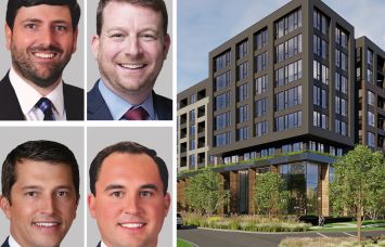Berkadia's Brian Crivella (clockwise from top left), Brian Gould, Bill Gribbin, and Patrick McGlohn, and a rendering of Hunter's Branch in Fairfax, Va.