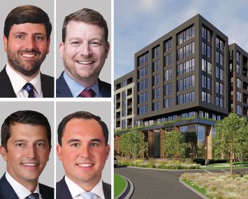 Berkadia's Brian Crivella (clockwise from top left), Brian Gould, Bill Gribbin, and Patrick McGlohn, and a rendering of Hunter's Branch in Fairfax, Va.