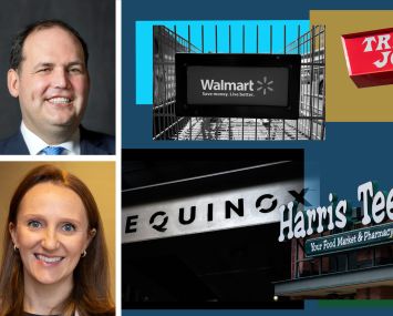 Brian Harper of 11North Partners (top), Martha Kelley of Bain Capital Real Estate and anchor stores from the retail center portfolio bought by 11North and Bain Capital.