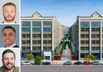CBRE's Conor Krup (top) and Kyle Zarba (center), Industry City's Matthew Stewart, and two of the buildings that make up Industry City.