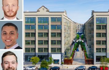 CBRE's Conor Krup (top) and Kyle Zarba (center), Industry City's Matthew Stewart, and two of the buildings that make up Industry City.