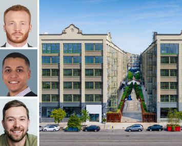 CBRE's Conor Krup (top) and Kyle Zarba (center), Industry City's Matthew Stewart, and two of the buildings that make up Industry City.