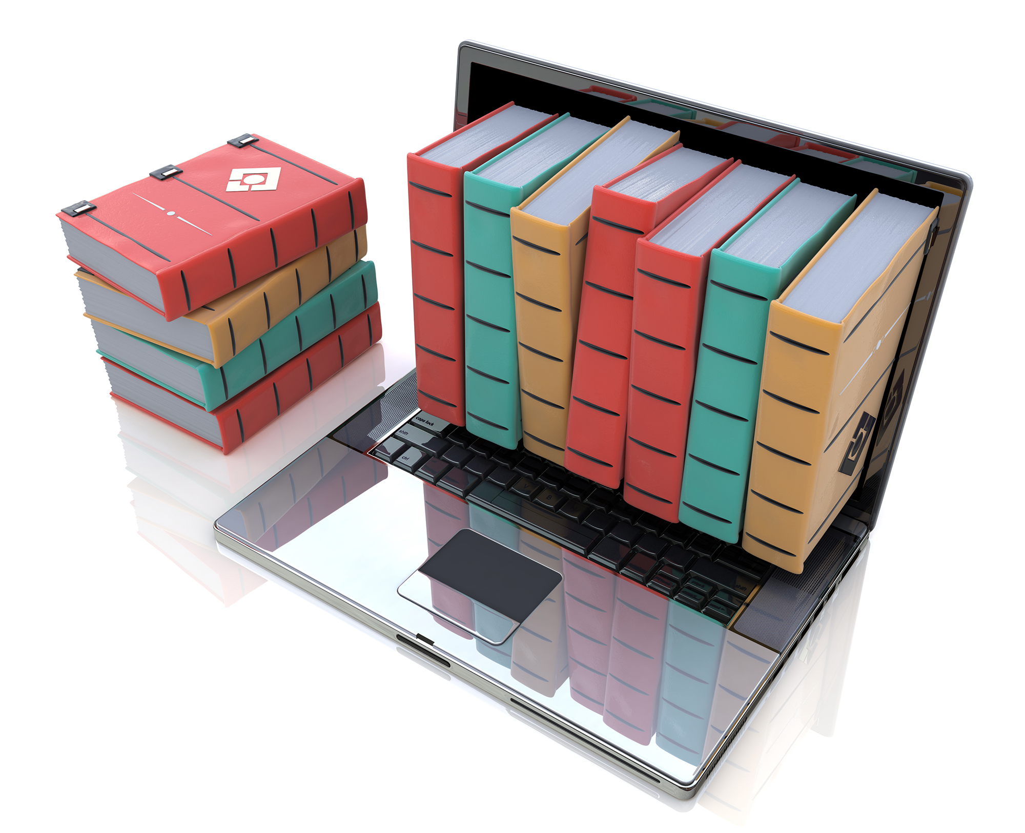 An illustration of colored books inside laptop.