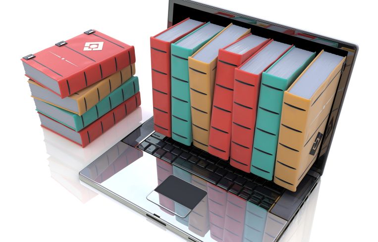 An illustration of colored books inside laptop.