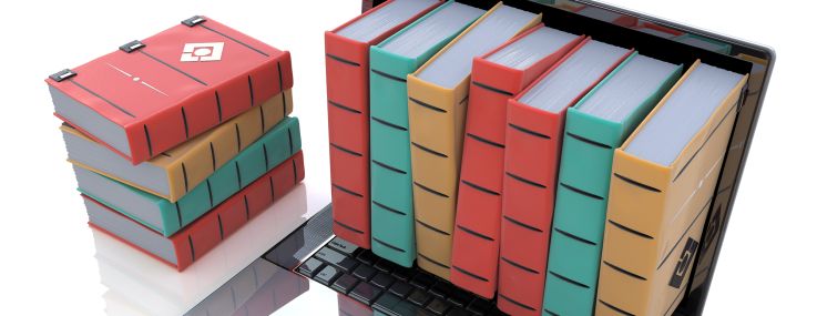 An illustration of colored books inside laptop.
