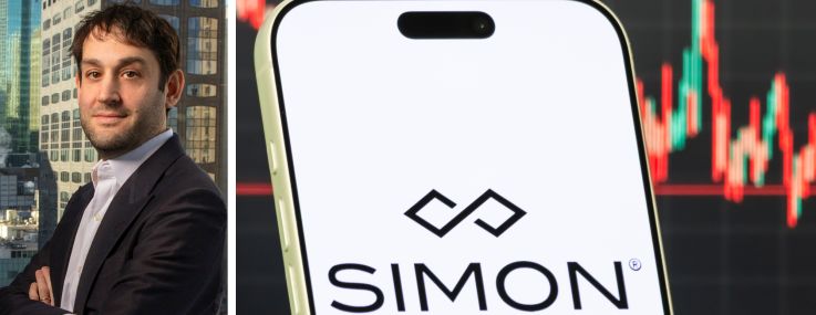 Simon Property Group CEO and President Eli Simon, and an illustration of a Simon Property Group logo on a mobile phone screen.