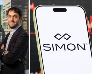 Simon Property Group CEO and President Eli Simon, and an illustration of a Simon Property Group logo on a mobile phone screen.