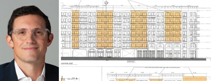 Affinius Capital's Eric Cohen and a blueprint of Bayside North in Sarasota, Fla.