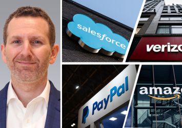 Colliers's Frank Wallach and logos for Salesforce, Verizon, PayPal and Amazon.
