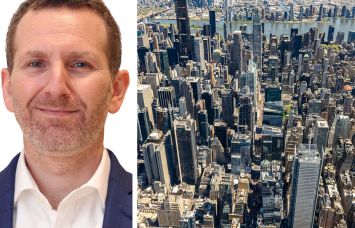 Colliers's Frank Wallach and an aerial view of Midtown Manhattan.