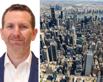 Colliers's Frank Wallach and an aerial view of Midtown Manhattan.