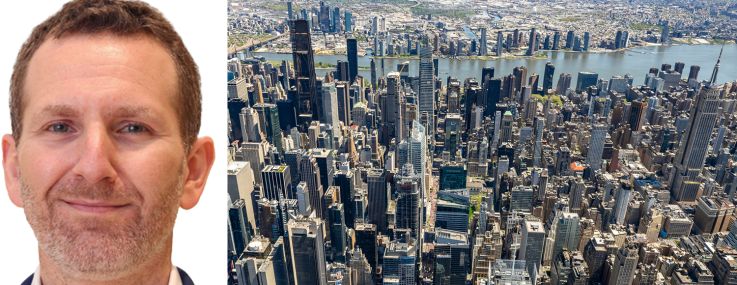 Colliers's Frank Wallach and an aerial view of Midtown Manhattan.